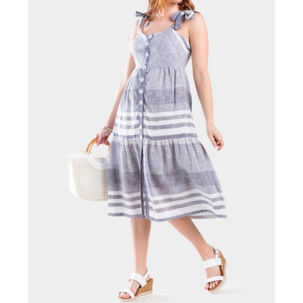Blue and white striped strapless sundress